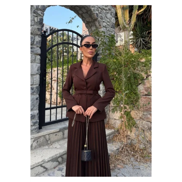 Kadın Belden Kemerli Şık Takım-Blazer&Piliseli Etek