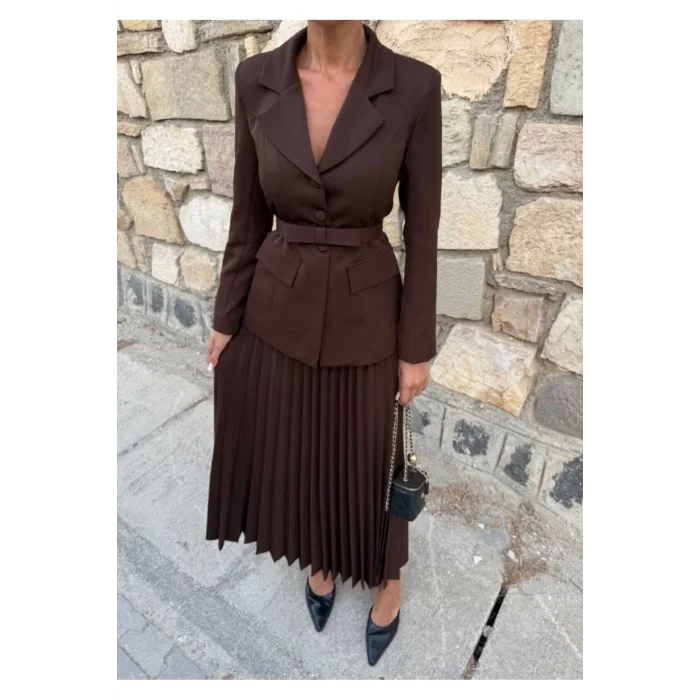 Kadın Belden Kemerli Şık Takım-Blazer&Piliseli Etek