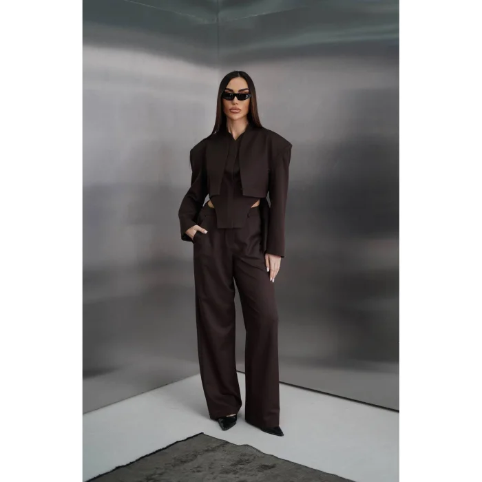Kadın Blazer Ceketli Yüksek Bel Bol Paça Pantolon İkili Kadın Takım