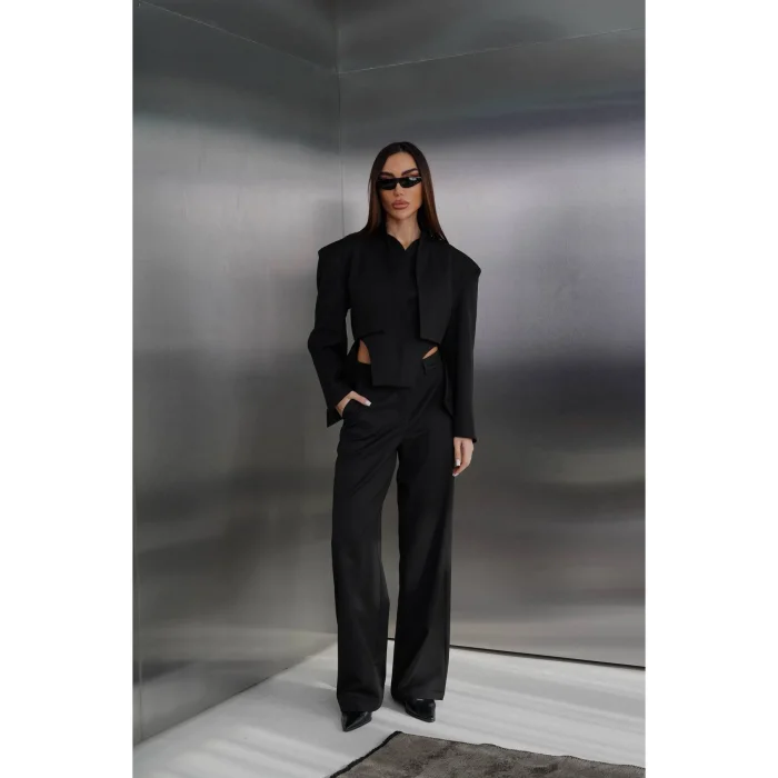 Kadın Blazer Ceketli Yüksek Bel Bol Paça Pantolon İkili Kadın Takım