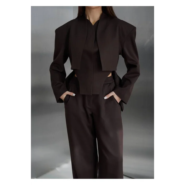 Kadın Blazer Ceketli Yüksek Bel Bol Paça Pantolon İkili Kadın Takım