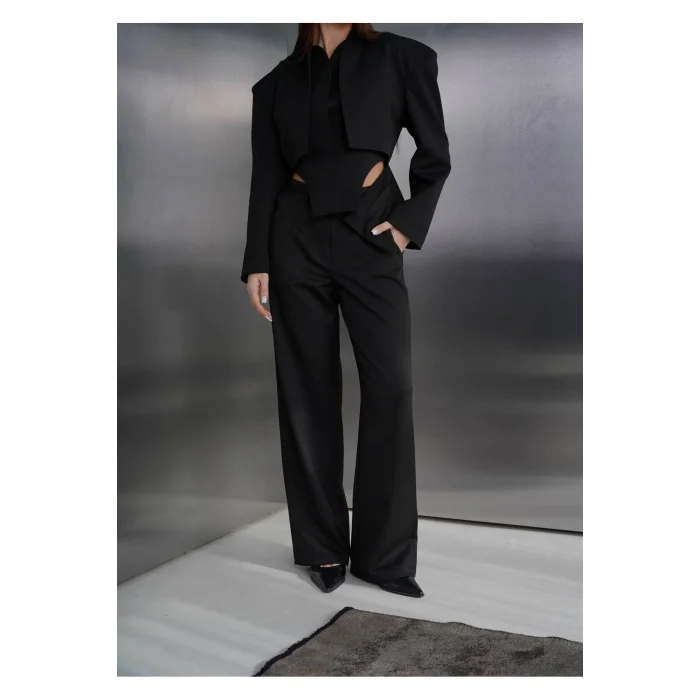 Kadın Blazer Ceketli Yüksek Bel Bol Paça Pantolon İkili Kadın Takım