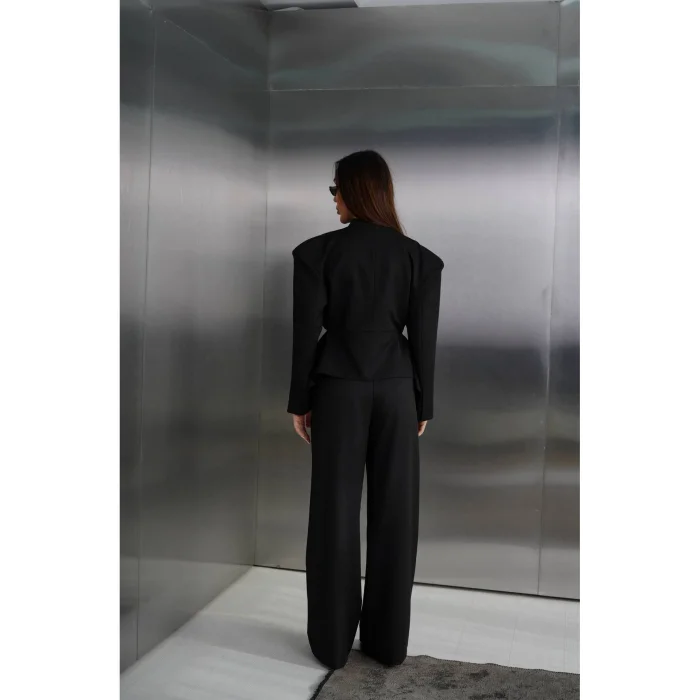 Kadın Blazer Ceketli Yüksek Bel Bol Paça Pantolon İkili Kadın Takım