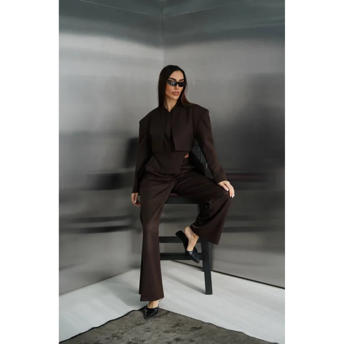 Kadın Blazer Ceketli Yüksek Bel Bol Paça Pantolon İkili Kadın Takım