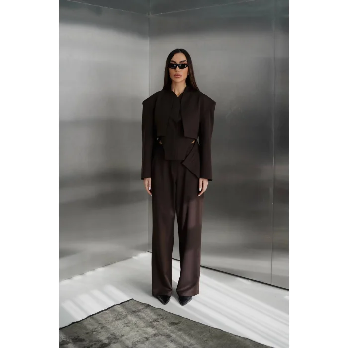 Kadın Blazer Ceketli Yüksek Bel Bol Paça Pantolon İkili Kadın Takım