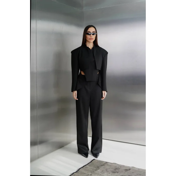 Kadın Blazer Ceketli Yüksek Bel Bol Paça Pantolon İkili Kadın Takım
