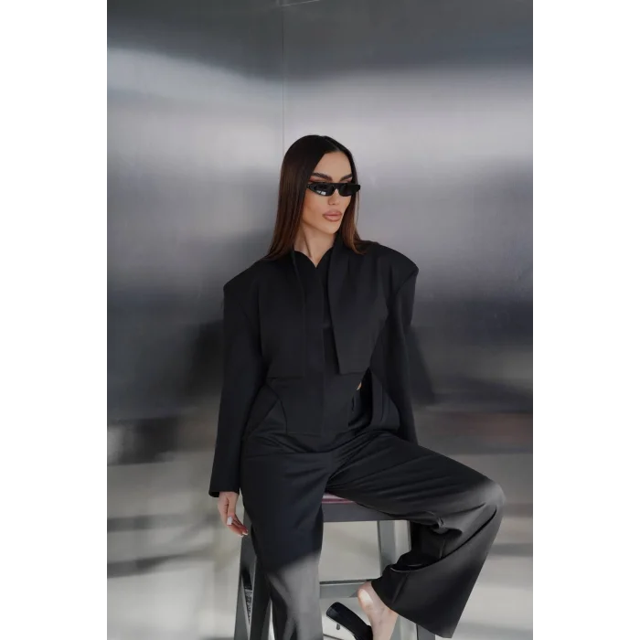 Kadın Blazer Ceketli Yüksek Bel Bol Paça Pantolon İkili Kadın Takım