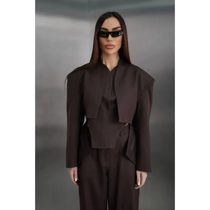 Kadın Blazer Ceketli Yüksek Bel Bol Paça Pantolon İkili Kadın Takım