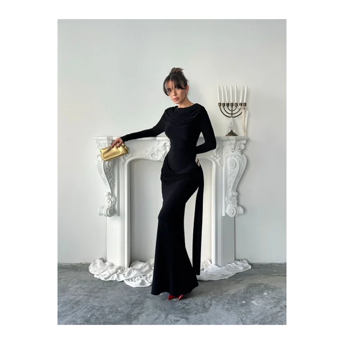 Kadın Drapeli Vücudu Saran Asimetrik Detaylı Uzun Zarif Elbise