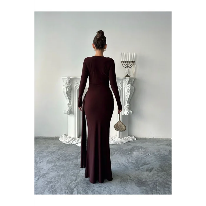 Kadın Drapeli Vücudu Saran Asimetrik Detaylı Uzun Zarif Elbise