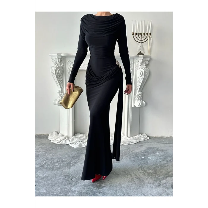 Kadın Drapeli Vücudu Saran Asimetrik Detaylı Uzun Zarif Elbise