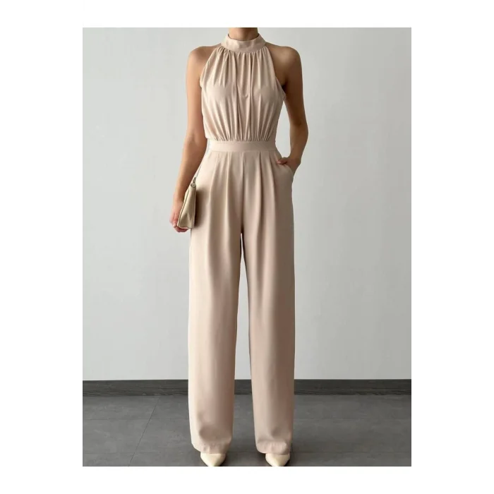 Kadın Halter Yaka Krep Kumaş Tulum