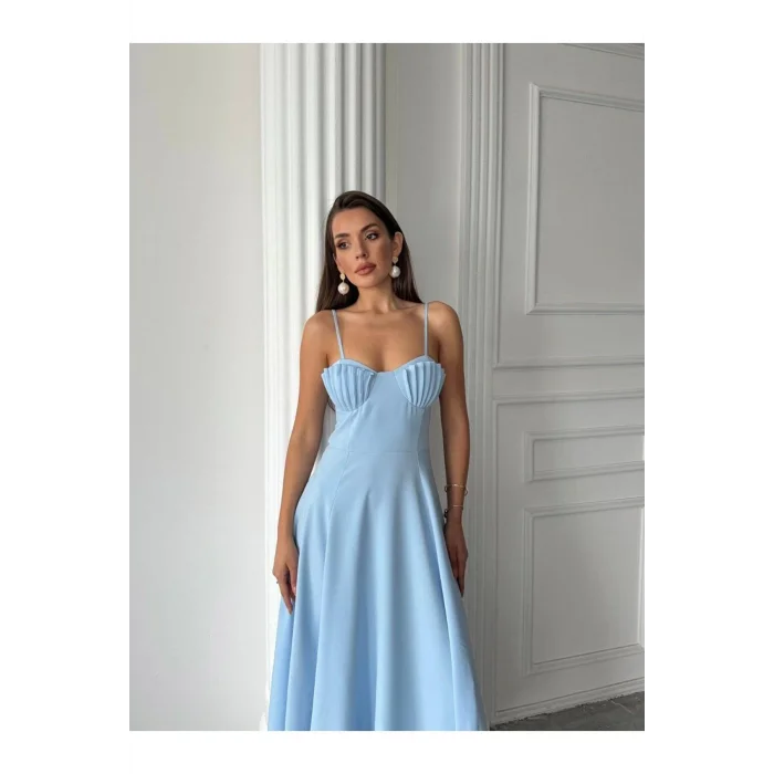 Kadın İstiridye Göğüs Detaylı Uzun Askılı Elbise