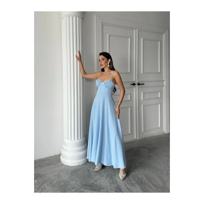 Kadın İstiridye Göğüs Detaylı Uzun Askılı Elbise