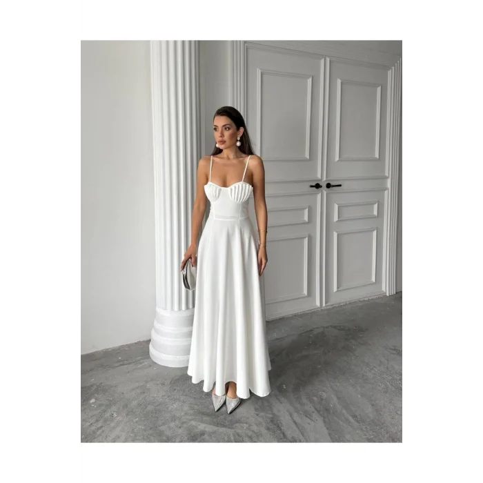 Kadın İstiridye Göğüs Detaylı Uzun Askılı Elbise
