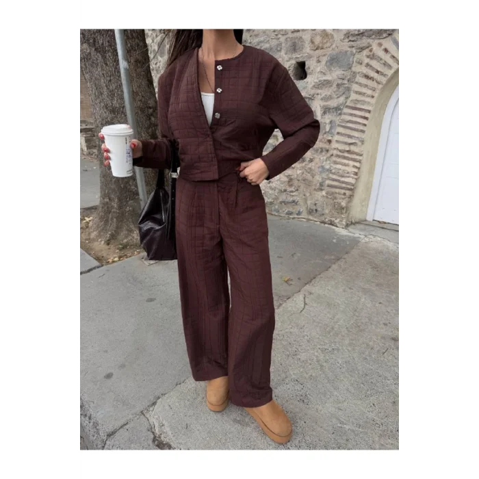 Kadın Kapitone Dokulu Oversize Ceket Pantolon Takım