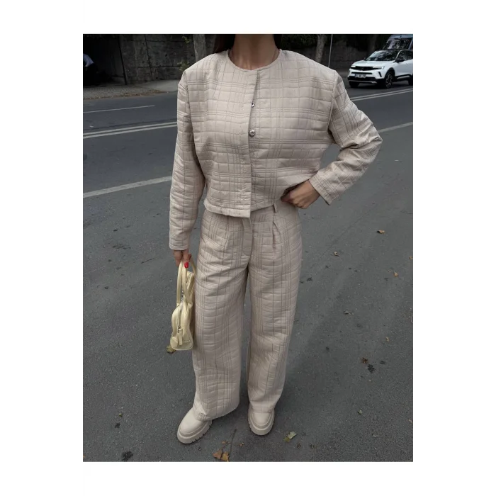 Kadın Kapitone Dokulu Oversize Ceket Pantolon Takım