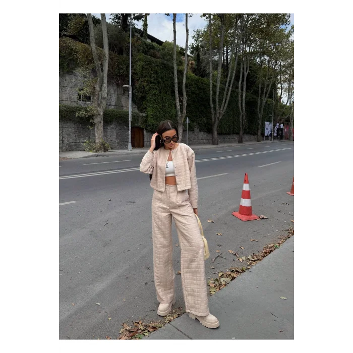 Kadın Kapitone Dokulu Oversize Ceket Pantolon Takım