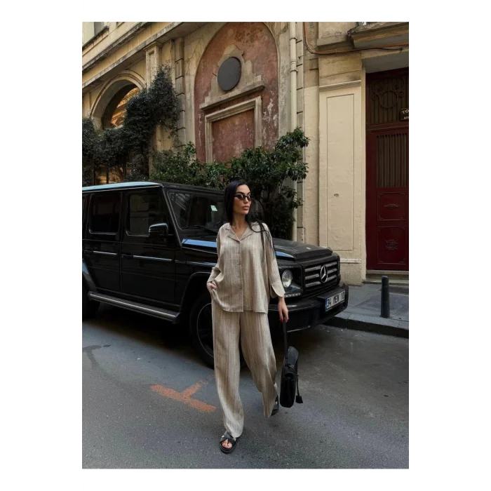 Kadın Keten Gömlekli Pantolon Takım