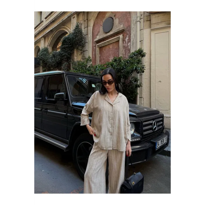 Kadın Keten Gömlekli Pantolon Takım