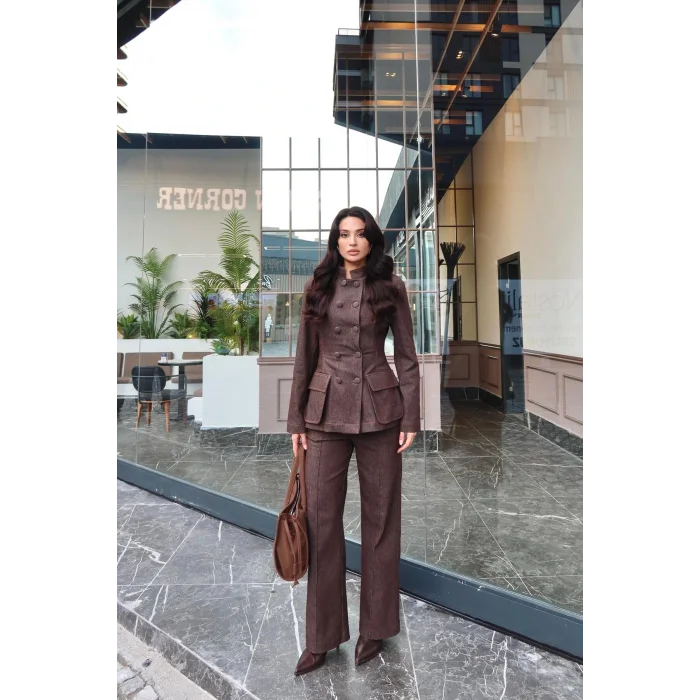 Kadın Koyu Kot Bel Oturtmalı Düğmeli Ceket Pantolon Takım