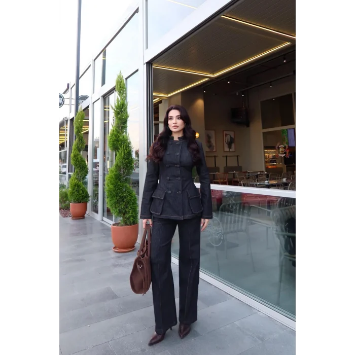 Kadın Koyu Kot Bel Oturtmalı Düğmeli Ceket Pantolon Takım