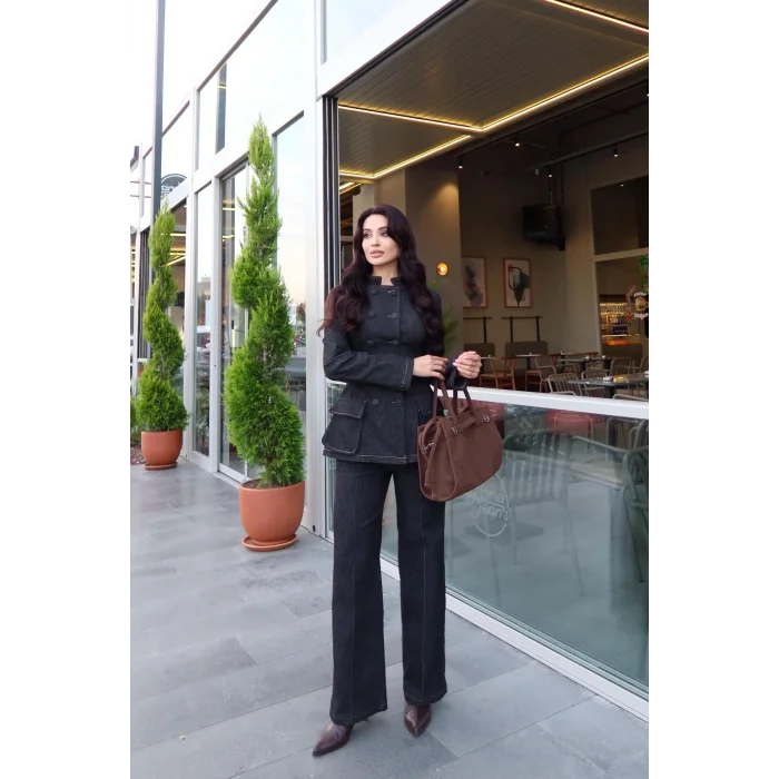 Kadın Koyu Kot Bel Oturtmalı Düğmeli Ceket Pantolon Takım