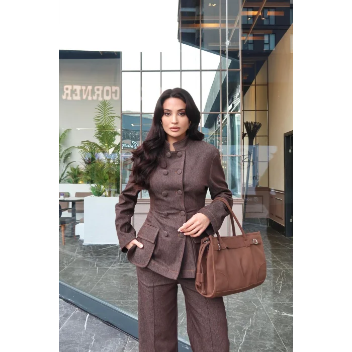 Kadın Koyu Kot Bel Oturtmalı Düğmeli Ceket Pantolon Takım