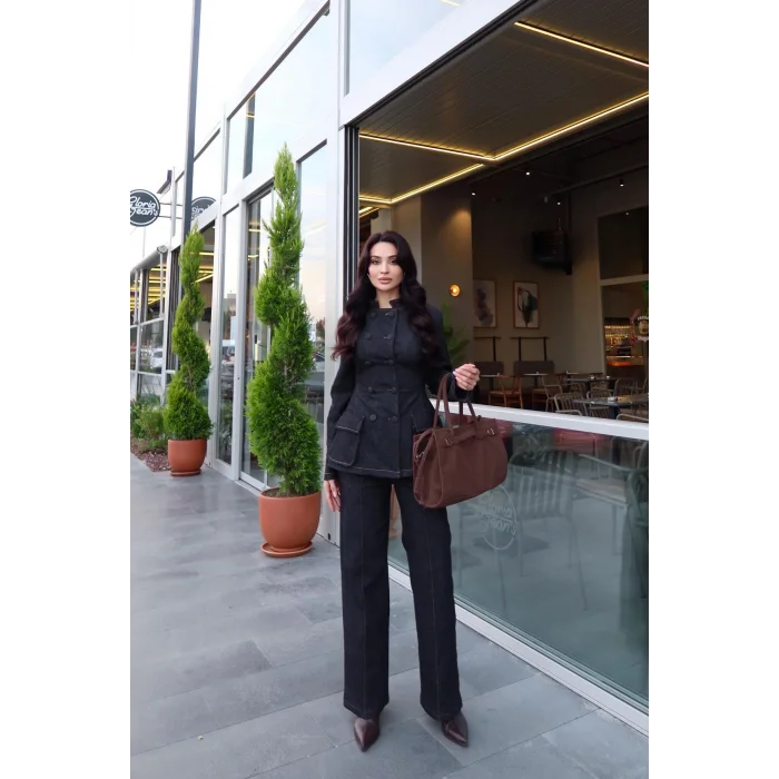 Kadın Koyu Kot Bel Oturtmalı Düğmeli Ceket Pantolon Takım