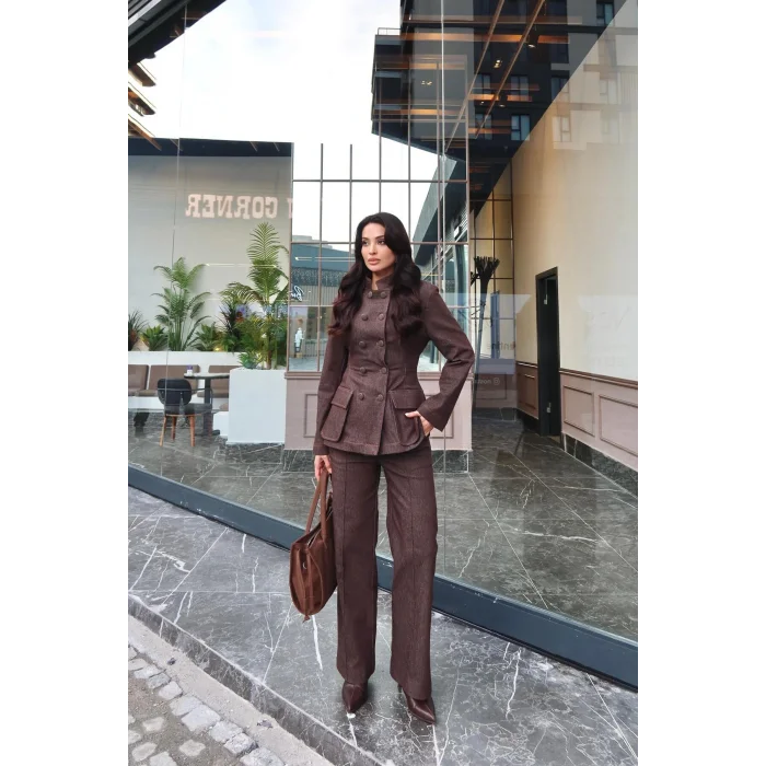 Kadın Koyu Kot Bel Oturtmalı Düğmeli Ceket Pantolon Takım