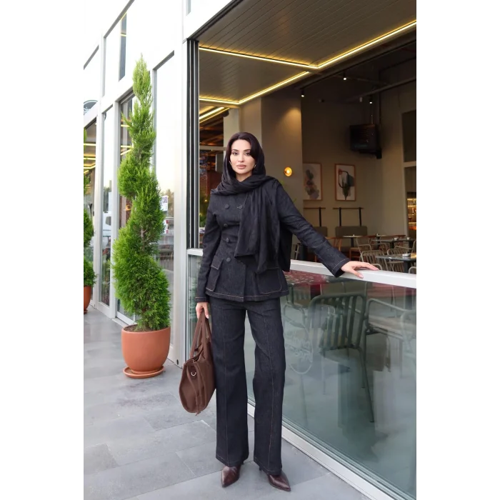 Kadın Koyu Kot Bel Oturtmalı Düğmeli Ceket Pantolon Takım