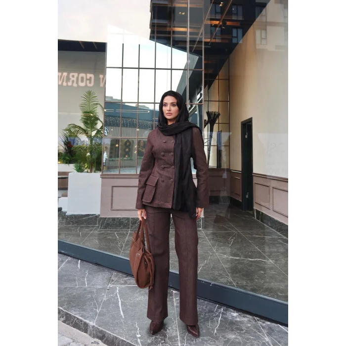 Kadın Koyu Kot Bel Oturtmalı Düğmeli Ceket Pantolon Takım