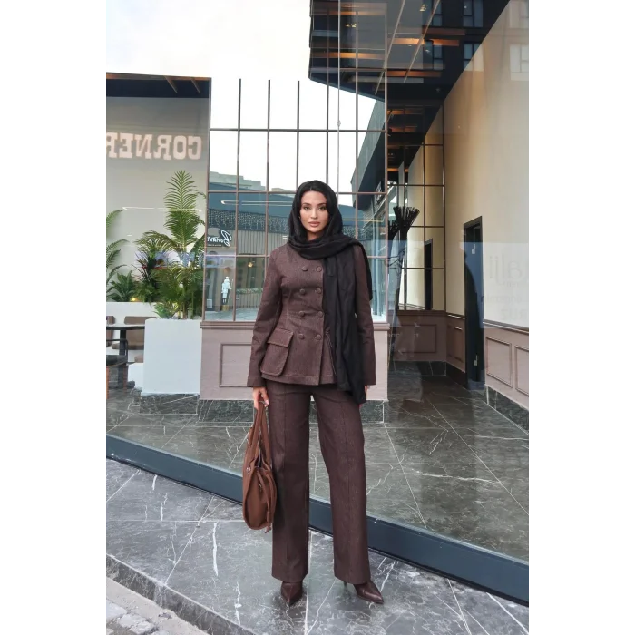 Kadın Koyu Kot Bel Oturtmalı Düğmeli Ceket Pantolon Takım