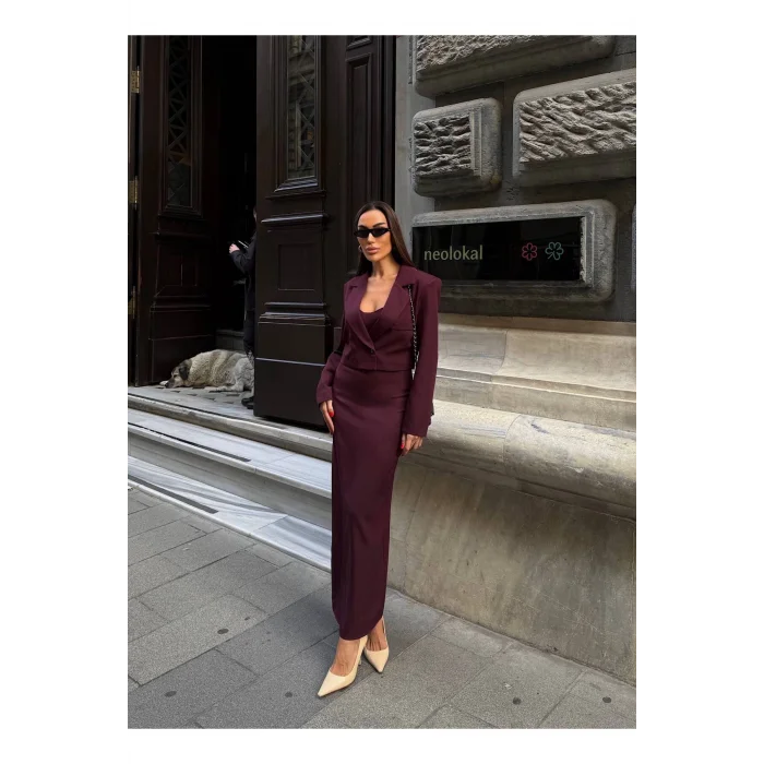 Kadın Kruvaze Detaylı Sırt Çapraz Askılı Elbise Ceket Takımı