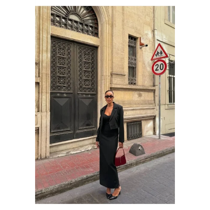 Kadın Kruvaze Detaylı Sırt Çapraz Askılı Elbise Ceket Takımı