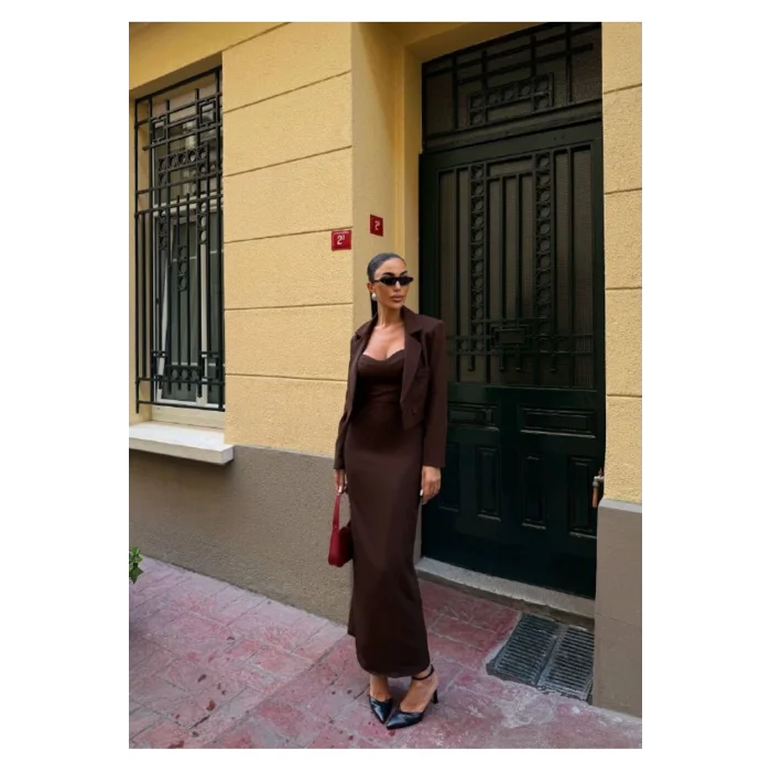 Kadın Kruvaze Detaylı Sırt Çapraz Askılı Elbise Ceket Takımı