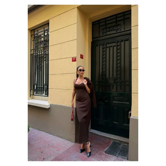 Kadın Kruvaze Detaylı Sırt Çapraz Askılı Elbise Ceket Takımı