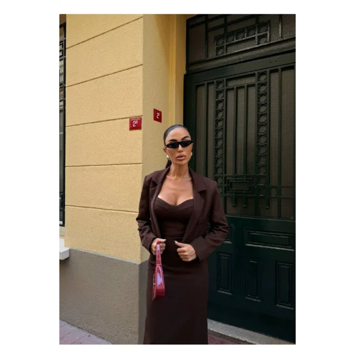 Kadın Kruvaze Detaylı Sırt Çapraz Askılı Elbise Ceket Takımı