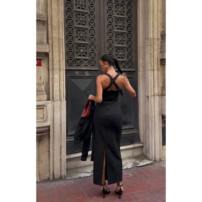 Kadın Kruvaze Detaylı Sırt Çapraz Askılı Elbise Ceket Takımı