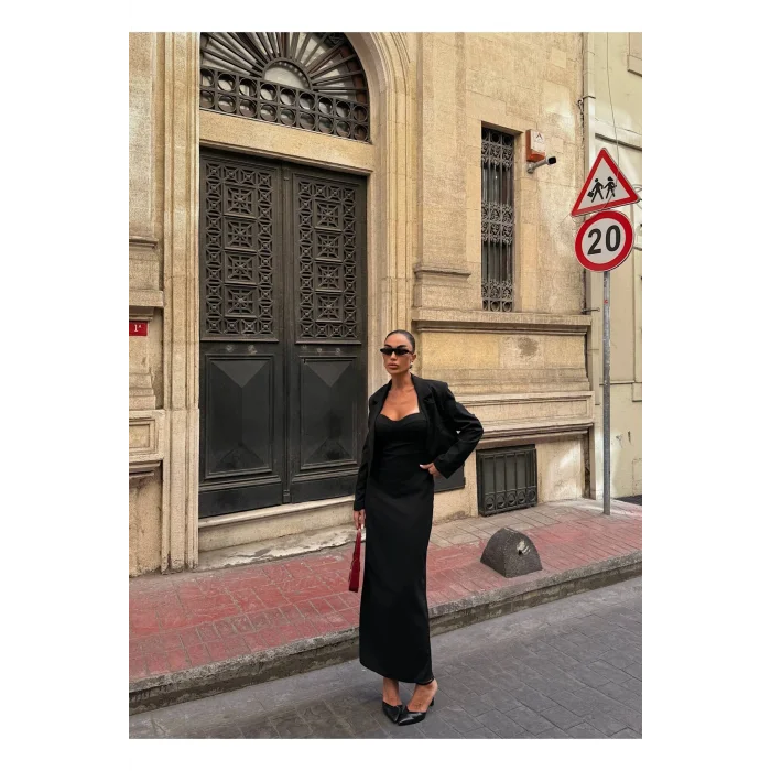 Kadın Kruvaze Detaylı Sırt Çapraz Askılı Elbise Ceket Takımı