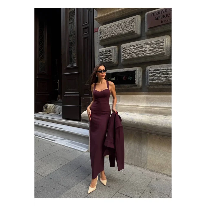 Kadın Kruvaze Detaylı Sırt Çapraz Askılı Elbise Ceket Takımı