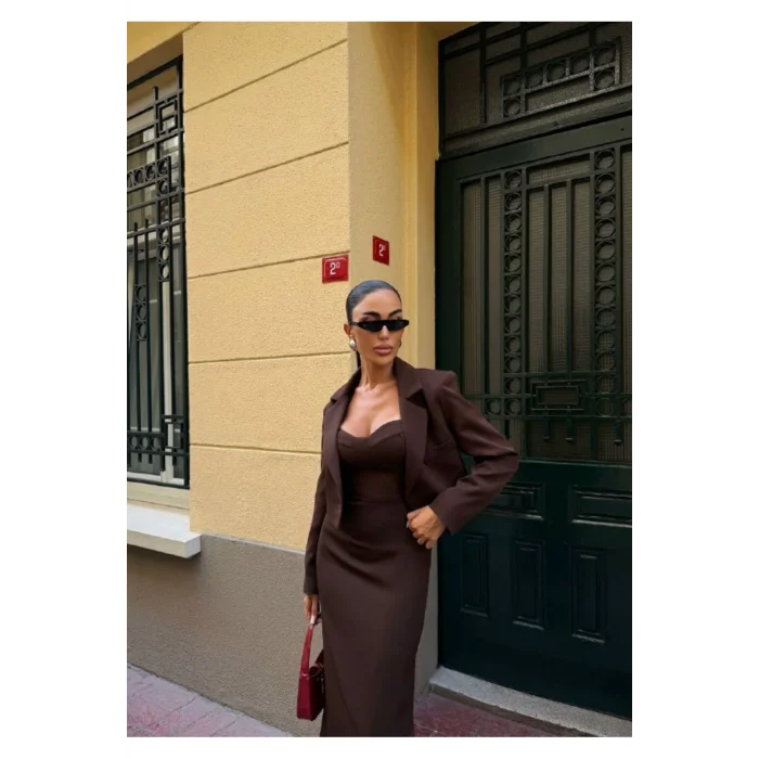 Kadın Kruvaze Detaylı Sırt Çapraz Askılı Elbise Ceket Takımı