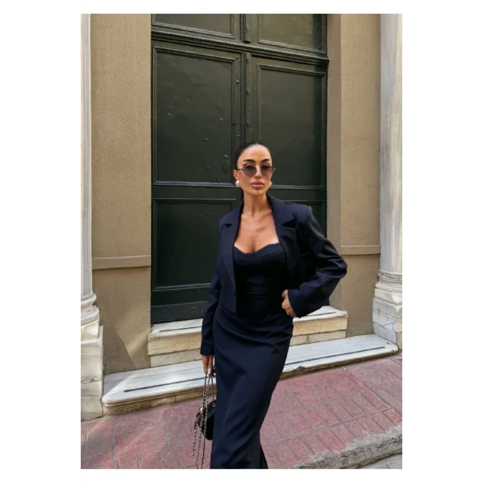 Kadın Kruvaze Detaylı Sırt Çapraz Askılı Elbise Ceket Takımı