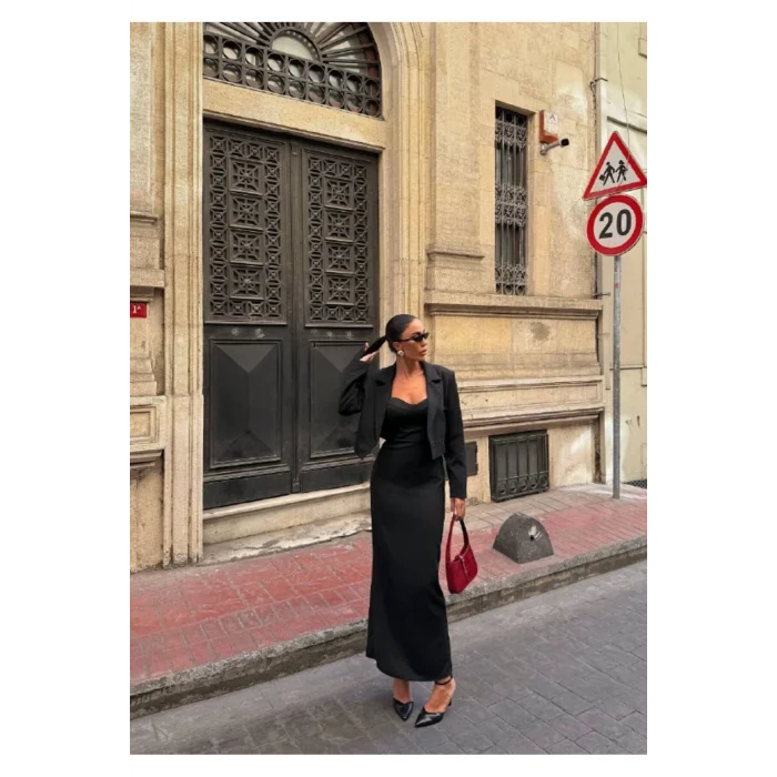 Kadın Kruvaze Detaylı Sırt Çapraz Askılı Elbise Ceket Takımı