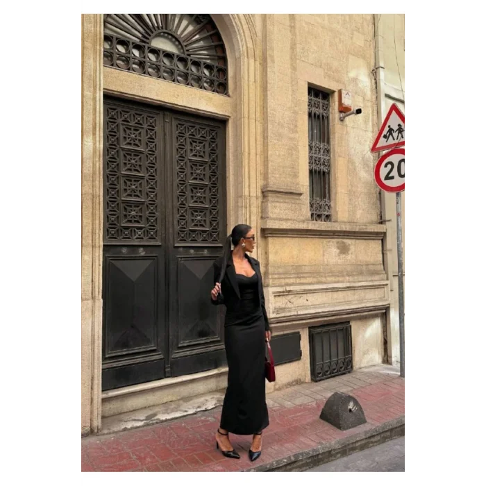 Kadın Kruvaze Detaylı Sırt Çapraz Askılı Elbise Ceket Takımı