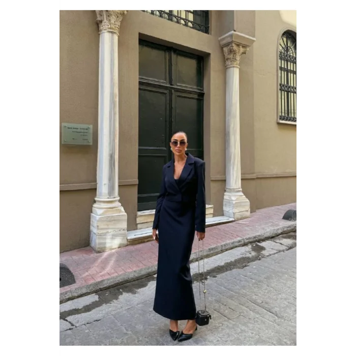 Kadın Kruvaze Detaylı Sırt Çapraz Askılı Elbise Ceket Takımı