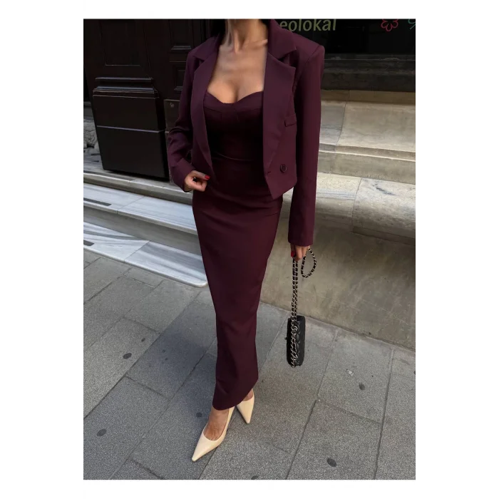 Kadın Kruvaze Detaylı Sırt Çapraz Askılı Elbise Ceket Takımı