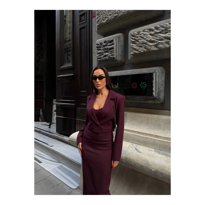 Kadın Kruvaze Detaylı Sırt Çapraz Askılı Elbise Ceket Takımı