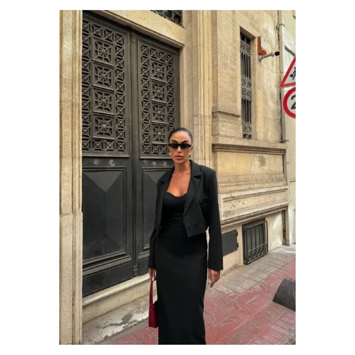 Kadın Kruvaze Detaylı Sırt Çapraz Askılı Elbise Ceket Takımı