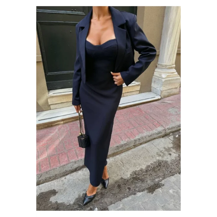 Kadın Kruvaze Detaylı Sırt Çapraz Askılı Elbise Ceket Takımı